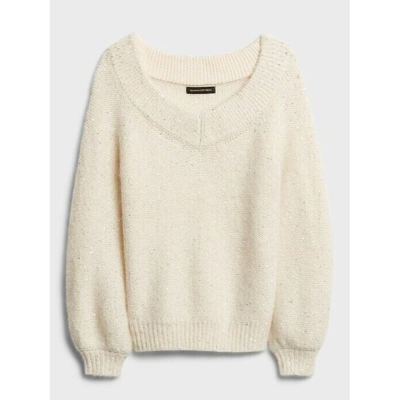 Banana Republic Women XS Ivory White Sequin V-Neck Sweater Knit Hol' 20 Pullover - Picture 1 of 9